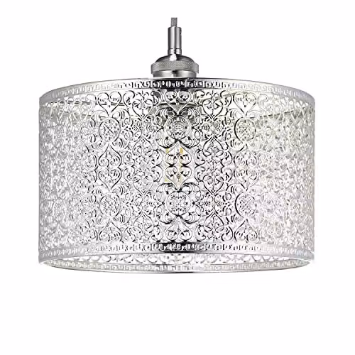 Happy Homewares Ornate Moroccan Style Silver Metal Circular Pendant Lamp Shade, W: 25 cm, H: 15 cm