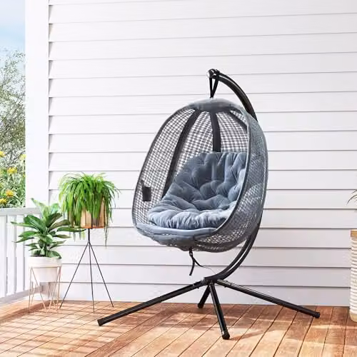 Outsunny Modern Egg Swing Chair with Padded Cushions and Cup Holder in Grey – 6