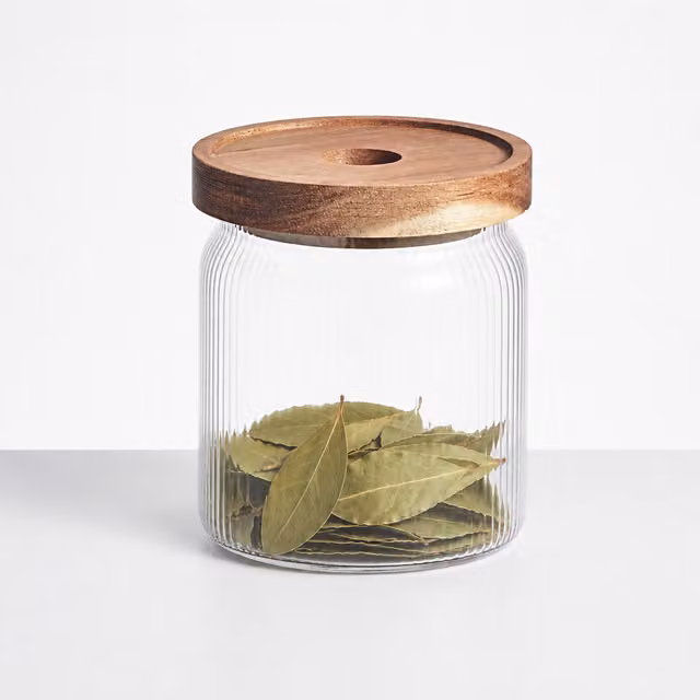 Eden & Willow Transparent Fine Ribbed Airtight Glass Storage Jar with Acacia Wood Lid, 0.54l