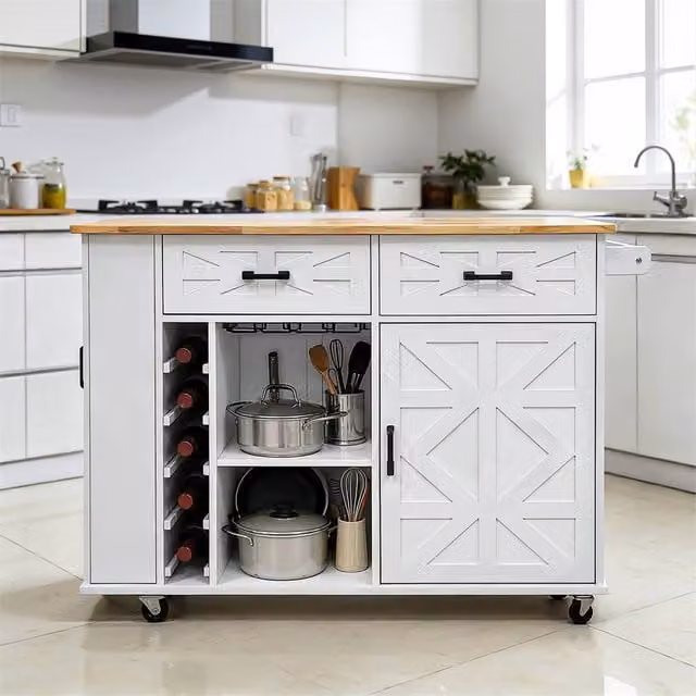 NESTLUNE C Kitchen Island Rolling Storage Trolley in White with Rubberwood and Glass