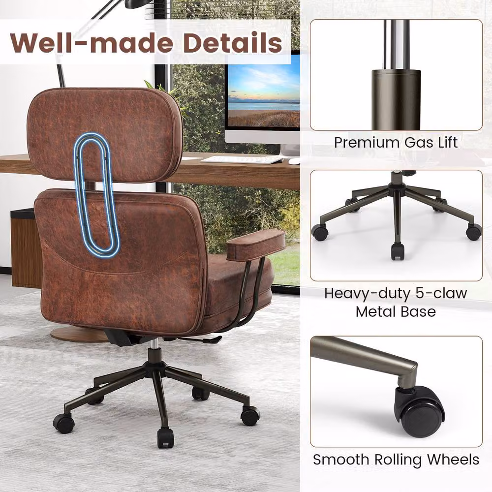 Gymax Brown Suede Fabric Home Office Task Chair with Headrest, Armrests and Swivel Castors – 4