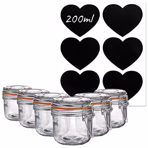 Argon Tableware Set of 6 Leakproof Glass Storage Jars with Clip Lids and Silicone Seals, 200ml, Transparent – 1
