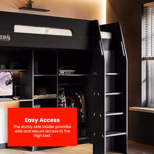 Flair Furnishings Recoil High Sleeper Single Bed with Storage, Desk and Stairs in Black and Grey – 3