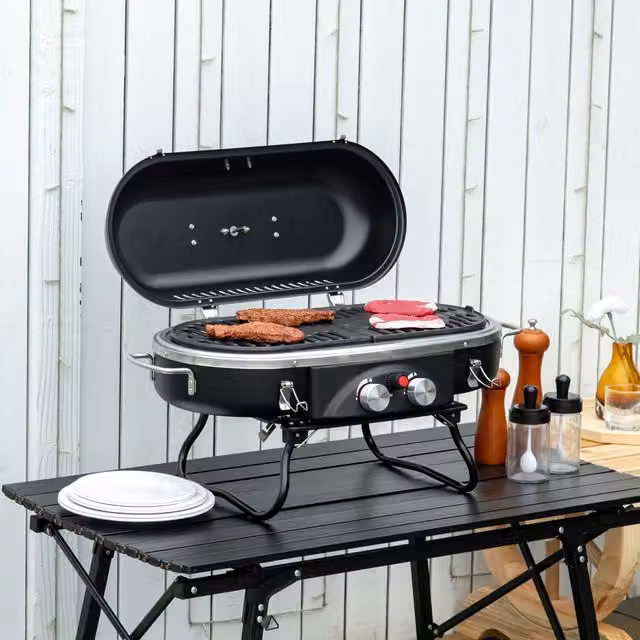 Outsunny Foldable 2 Burner Tabletop Gas BBQ Grill with Thermometer, Black