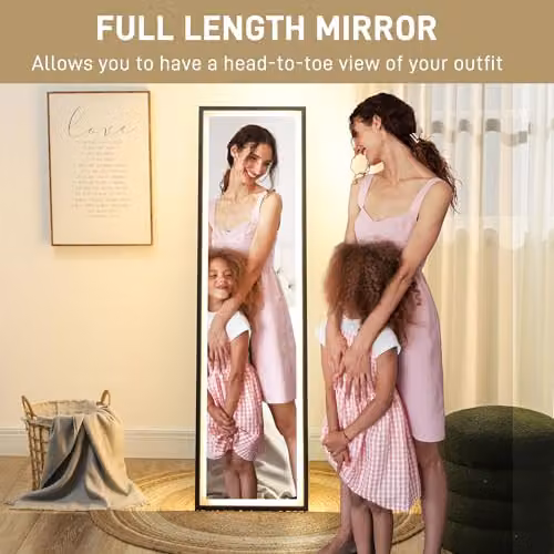 HOMCOM Full Length Free Standing Mirror with Dimmable LED Lights, Black, H 150 cm x W 40 cm – 3