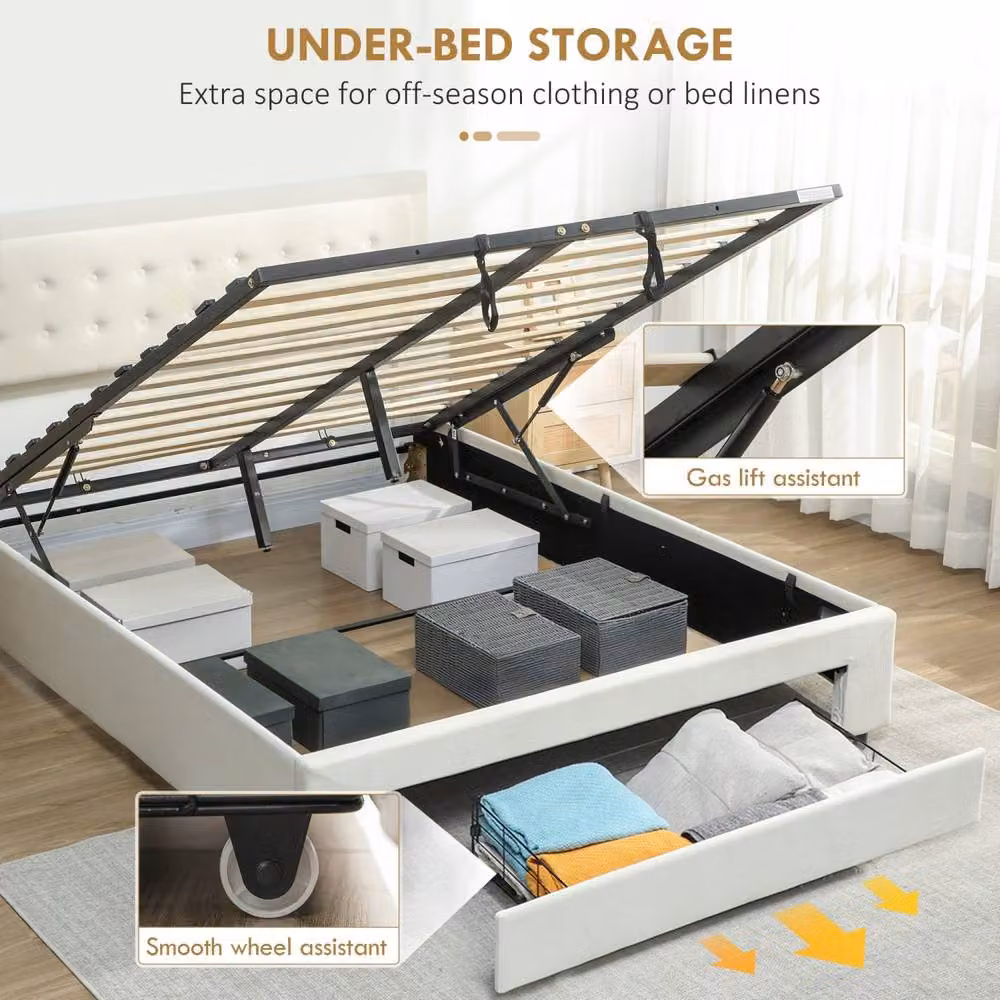 Wyld Haus Zina King Size Ottoman Bed Frame with Gas Lift Storage in Cream Velvet, W/D/H: 180 x 200 x 52 cm – 3