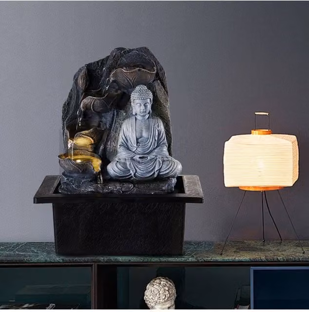 Living and Home Grey Buddha Tabletop Indoor Water Fountain with LED Light