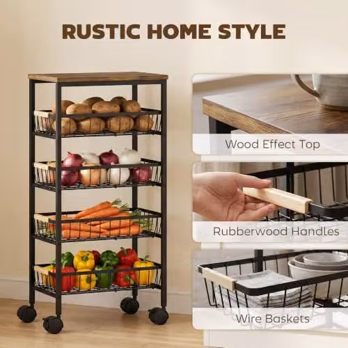 HOMCOM 4-Tier Metal and MDF Storage Trolley with Pull-Out Baskets in Rustic Brown, H 81.5 x W 40.0 x D 24.0 cm – 5