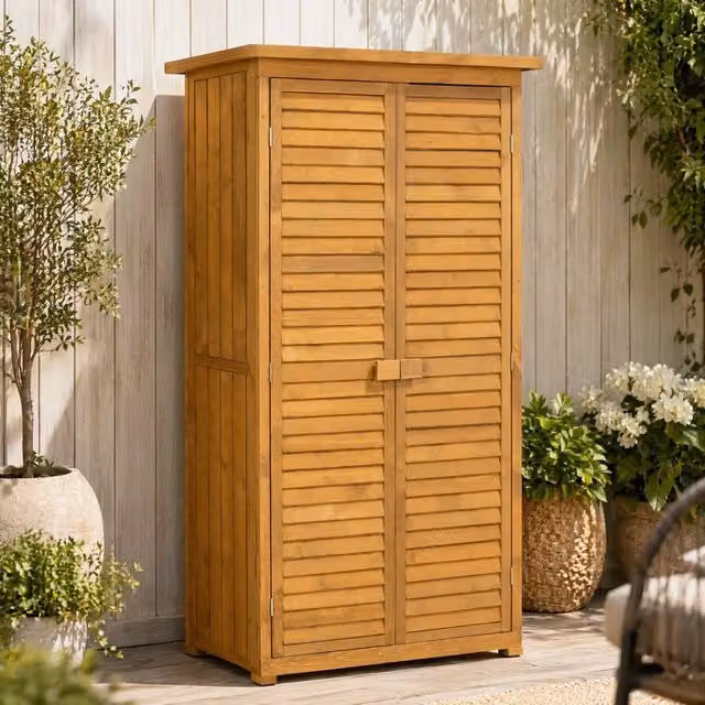 STILVORA Rustic Natural Wood Garden Storage Cabinet with Roll Shutter Doors and Internal Shelves – 1
