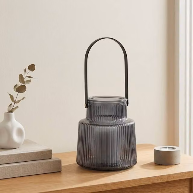 Garden Greatness Contemporary Grey Ribbed Glass Lantern H 28.0 cm x W 28.0 cm x D 13.0 cm – 1
