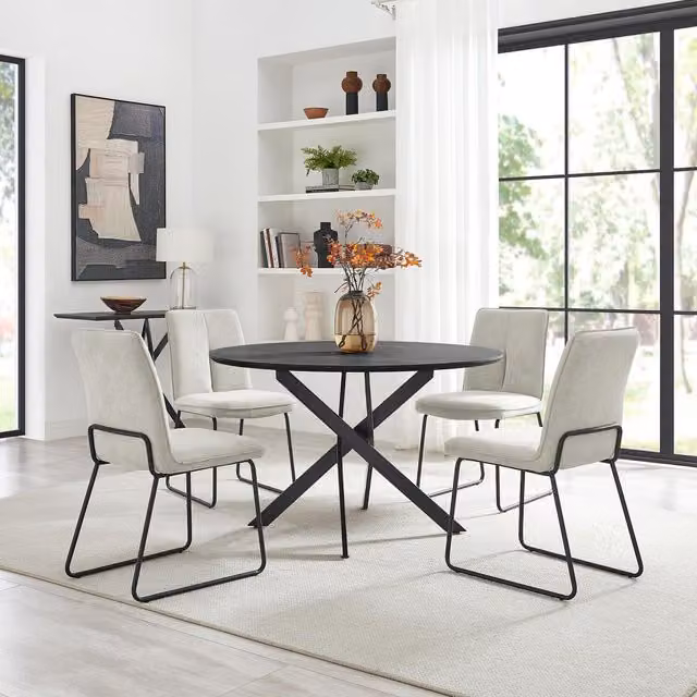 FurnitureboxUK Novara Round Dining Table with 6 Halle Fabric Chairs, Black and Cream