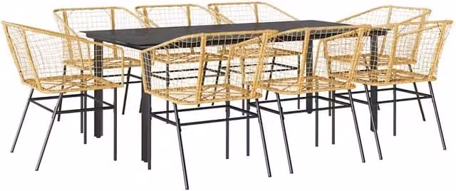 Berkfield Home 9 Piece Modern Brown Poly Rattan Garden Dining Set with Glass Top