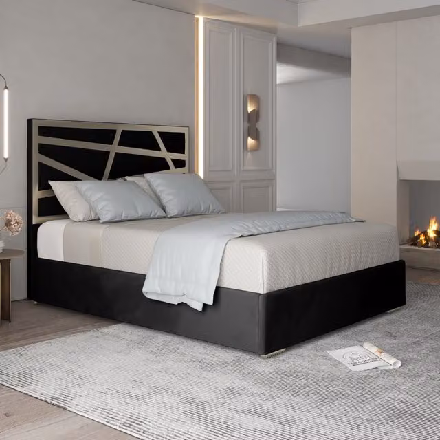 KDMD Modern Black Velvet Upholstered Metal Bed Frame, W/D/H: 140 x 200 cm