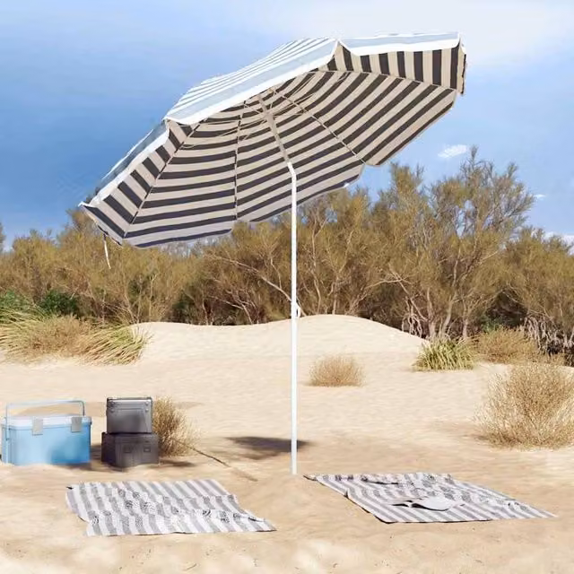 Berkfield Home White Beach Parasol with Aluminium Pole, Blue and White Striped, W/D/H: 300 x 272 x 263 cm