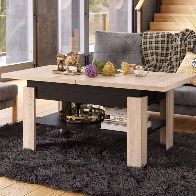 Heze Furniture Rio 2 in 1 Extending Coffee and Dining Table in Sonoma Oak and Black, W: 130-170 cm