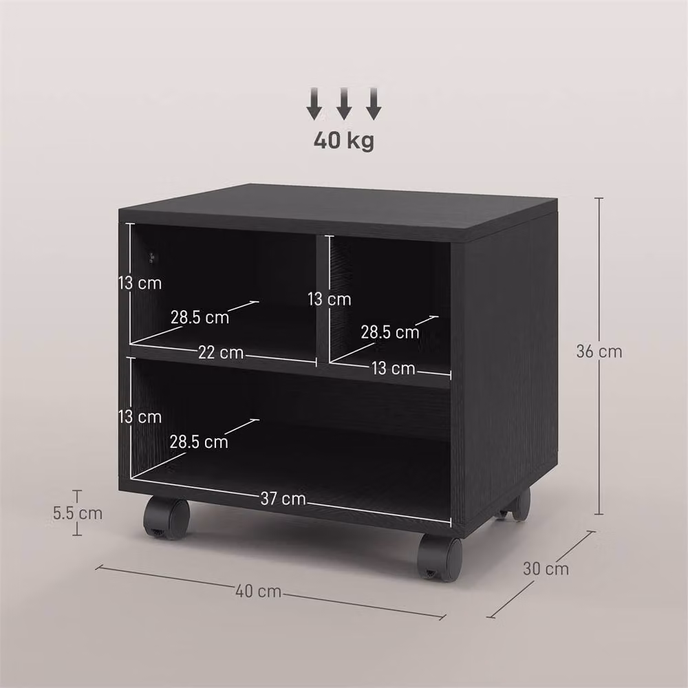 HOMCOM Black 2-Tier Printer Stand on Wheels with 3 Compartments – 2