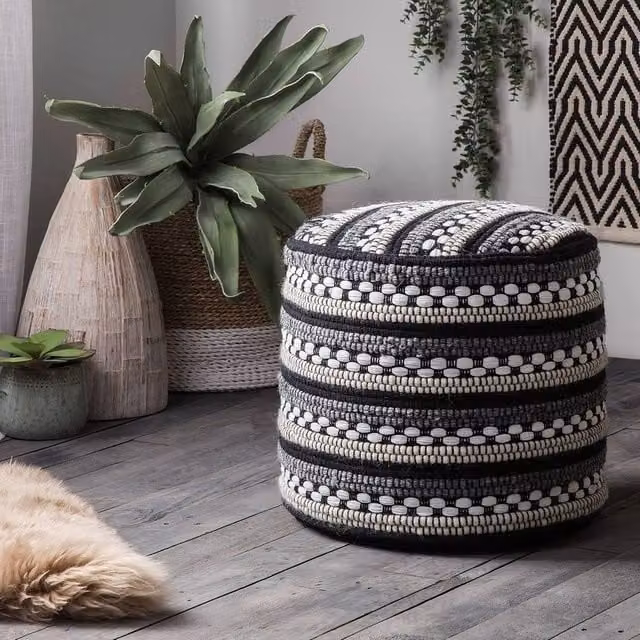 Wyld and Coco Handwoven Black and White Striped Macramé Pouffe in Cotton and Wool