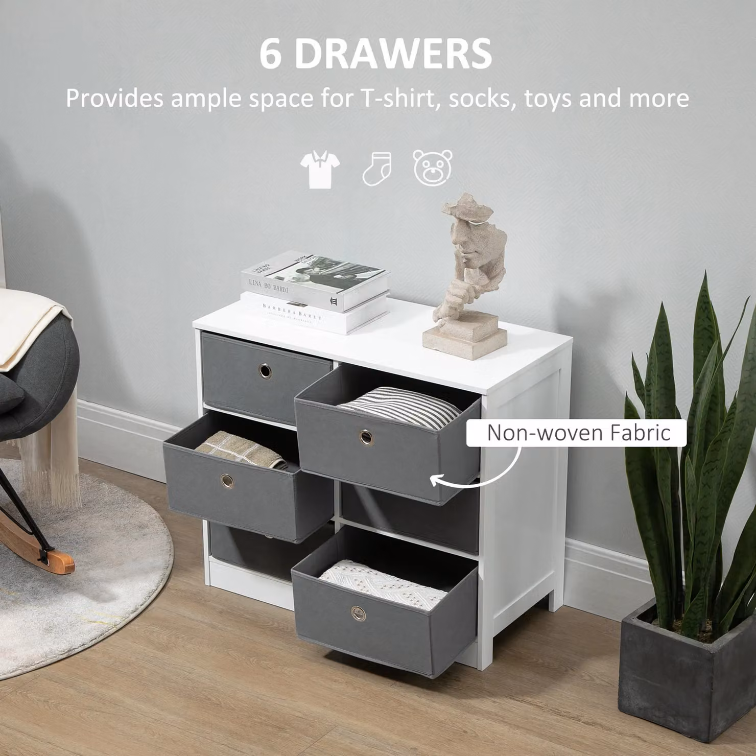 HOMCOM 6-Drawer Fabric and MDF Chest of Drawers Storage Cabinet in White – 3