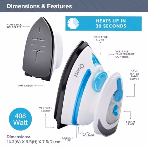 Quest Mini Travel Iron and Steam Iron in White with Non-Stick Soleplate and 408W Power – 2