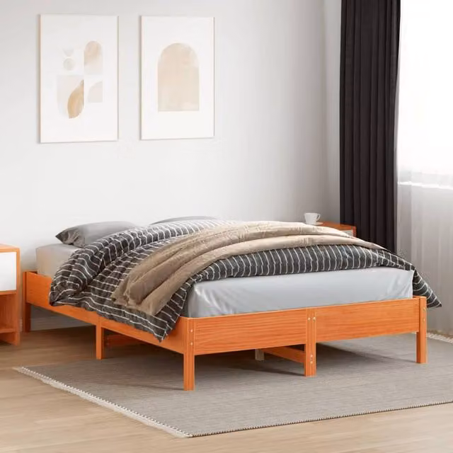 Berkfield Home Beautiful Solid Wood Bed Frame in Waxed Brown, W/D/H: 160 x 200 x 36.5 cm