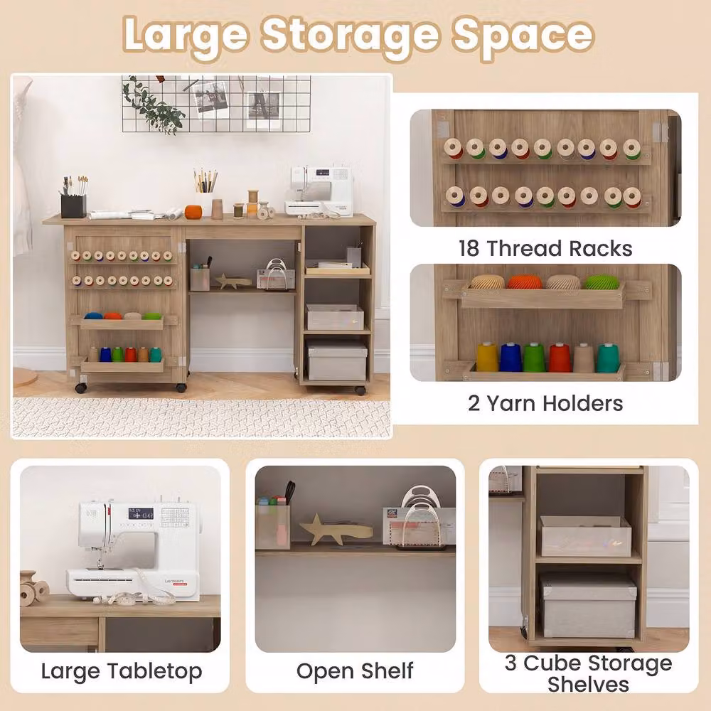 Costway Folding Sewing Table and Rolling Craft Station with 18 Pegs in Brown – 5