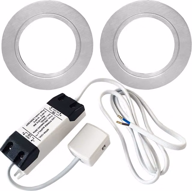 Loops 2x Chrome Round Flush Under Cabinet Kitchen LED Light and Driver Kit with Natural White Light