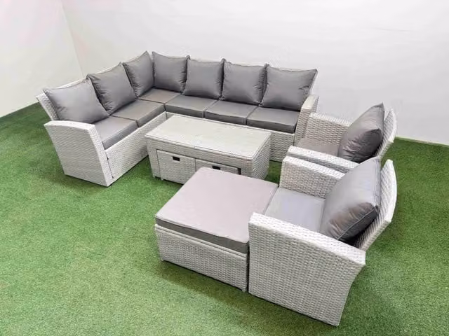 Fimous Outdoor 11 Seater Corner Sofa Set with Chair and 3 Stools in Light Grey