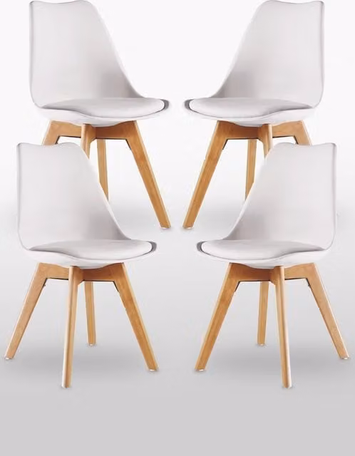 Life Interiors Set of 4 Scandinavian Dining Chairs with White Synthetic Leather Cushions and Solid Wood Legs