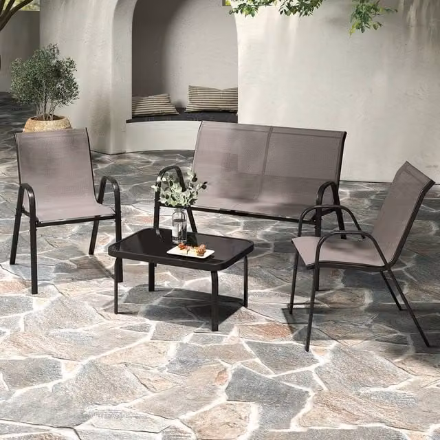 Costway 4-Piece Grey Outdoor Patio Furniture Set with Metal Frame, 2-Seater Sofa, Armchair and Coffee Table