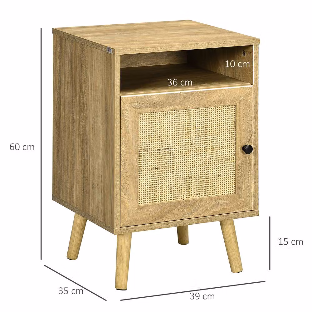 STILVORA Bedside Table with Shelf and Cupboard in Natural Pine Wood and Rattan – 2