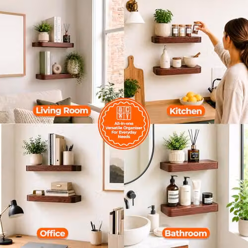 Innoteck Set of 2 Walnut Wooden Floating Wall Shelves with Rounded Edges, 40 cm – 4