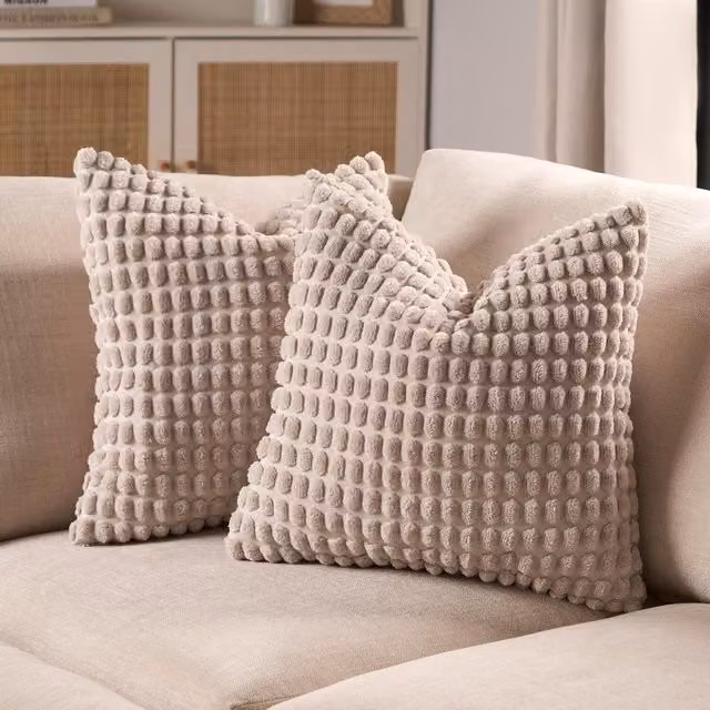 OHS Pack of 2 Boho Bobble Tufted Square Cushion Covers in Beige and Yellow