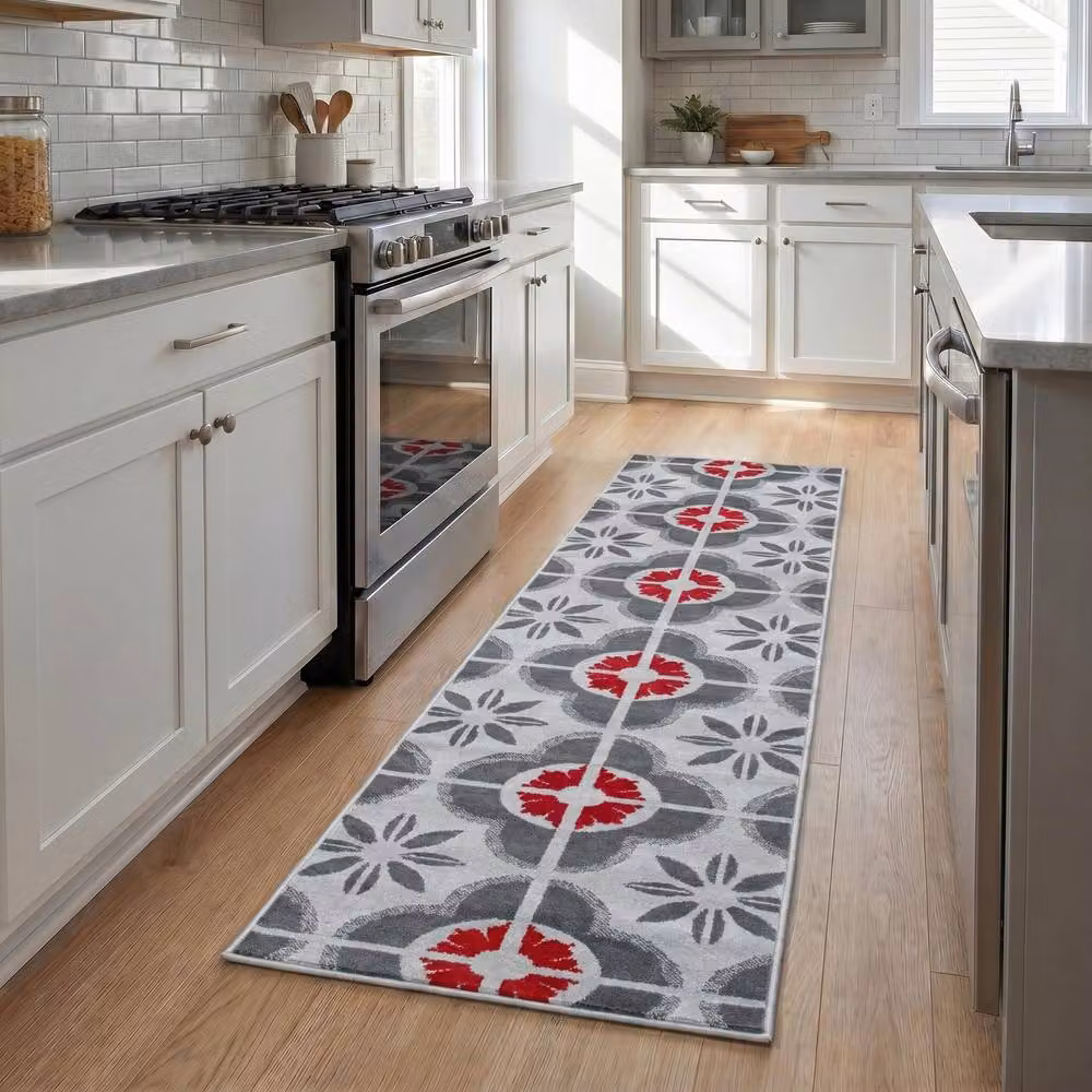 Bravich LTD Floral Tile Hallway Runner Rug in Red, W/D/H: 60 x 540 x 1 cm – 2