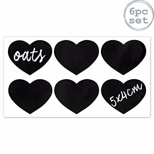 Nicola Spring Heart Shaped Storage Jar Labels, Black, Pack of 6, 5 x 4 cm