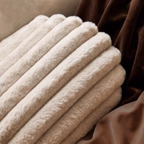 OHS Faux Fur Ribbed Round Bolster Cushion in Beige – 2