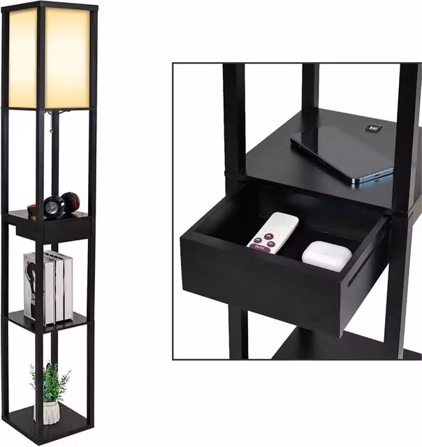 Kelvenix Black Wooden Floor Lamp with Standing Reading Shelf – 1