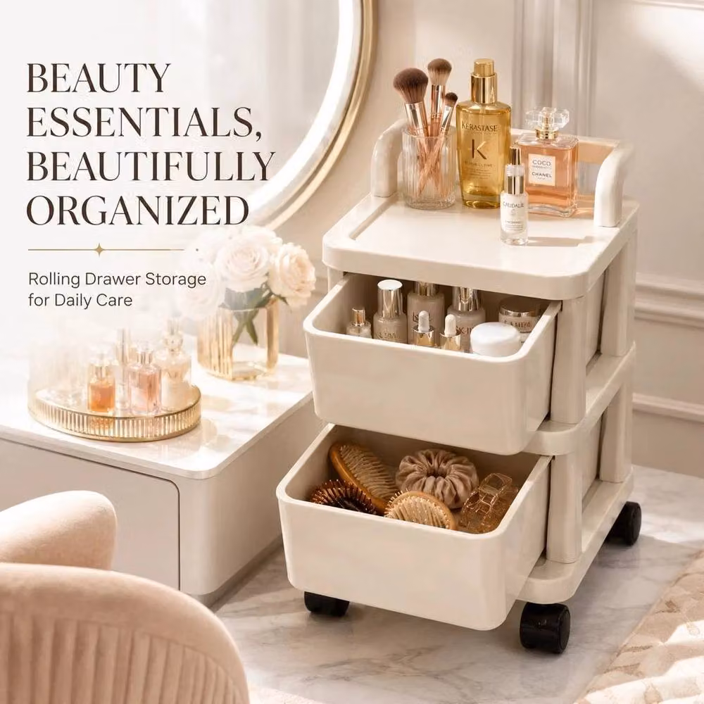FORGEVIO 2-Tier Plastic Storage Trolley Drawer Cabinet in Milky White and Beige – 2