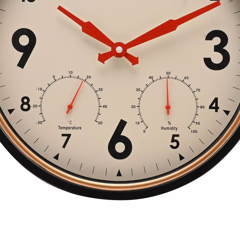 HOMETIME Vintage Round Analog Wall Clock with Thermometer and Hygrometer in Black and Red – 3