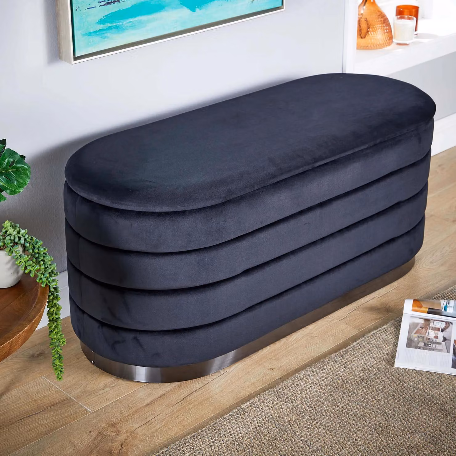 Home Source Velvet Storage Ottoman Bench Footstool in Black – 2