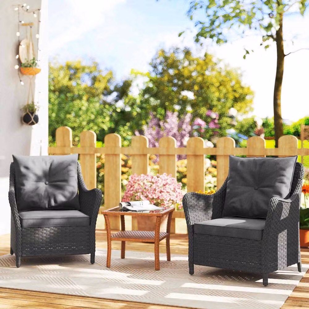 STILVORA Set of 2 Modern Garden Armchairs with Grey Cushions in Metal and Rattan – 3