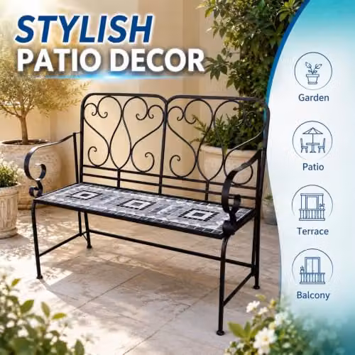 Shatchi Medina Mosaic 2 Seater Garden Bench in Multicolour Metal and Ceramic Tile, W: 112 cm, H: 96 cm, D: 47 cm – 8