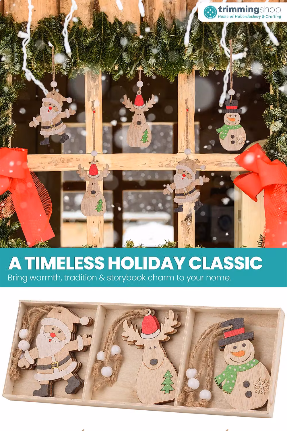 Neel Blue Pack of 9 Beige Scandinavian Wooden Christmas Tree Ornaments featuring Santa, Reindeer and Snowman Figures – 5