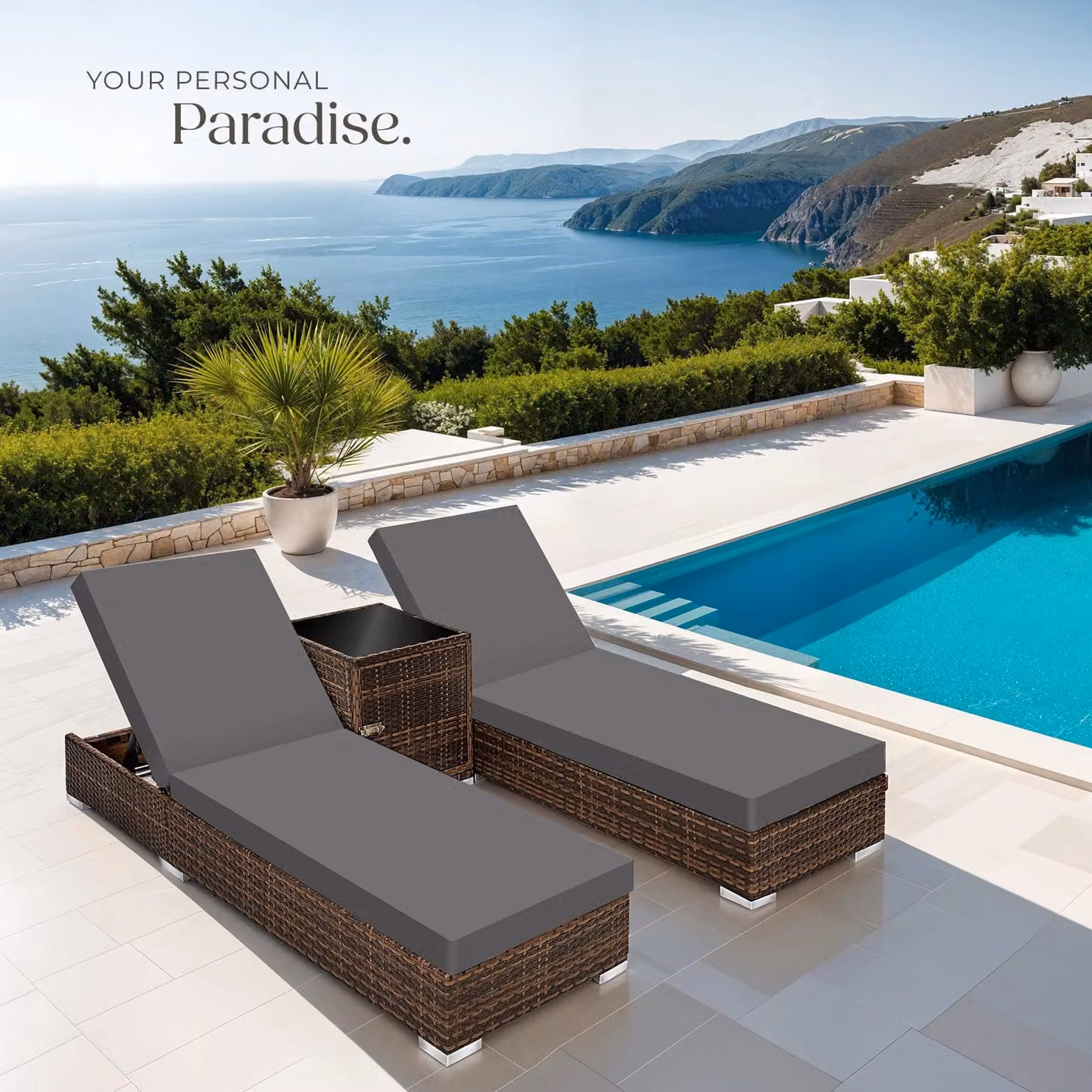 tectake Nautica Set of 2 Brown Polyrattan Lounge Chairs with Adjustable Headrests and Side Trays – 8