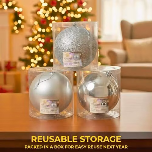 SHATCHI Set of 3 Silver Shatterproof PVC Christmas Baubles with Glossy, Matt and Glitter Finishes, Diameter: 20 cm – 3