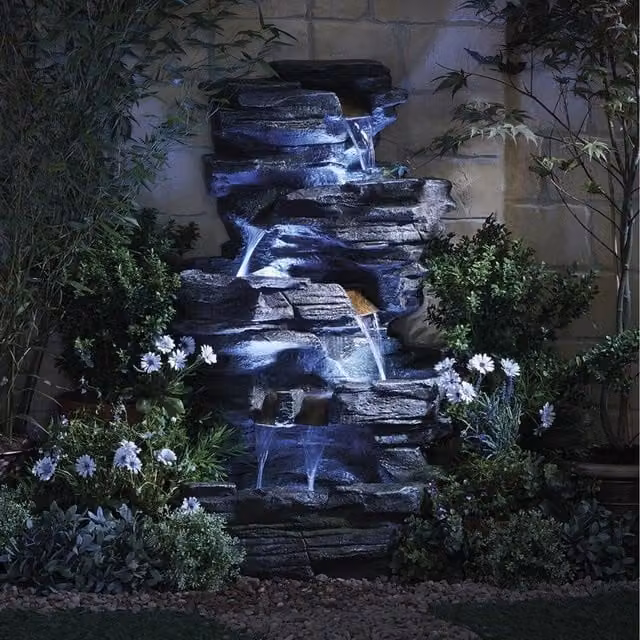 Serenity Cascading Rock Pool Water Feature with LED Lights in Grey