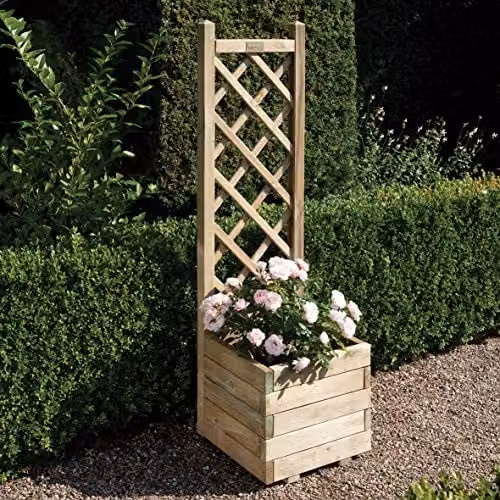 Rowlinson Square Planter and Lattice Trellis in Brown, W: 40 cm, D: 40 cm, H: 140 cm