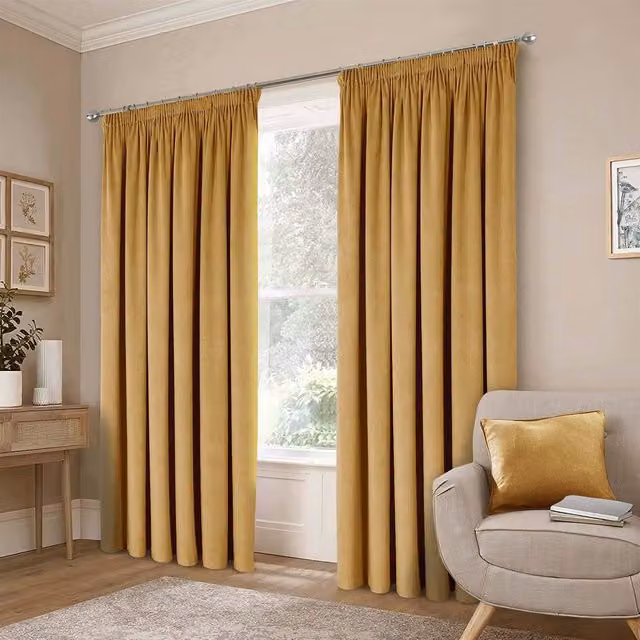 Luxor Living Gold Velvet Opaque Thermal Insulating Pencil Pleat Curtains, Width: 167 cm, Drop: 137 cm