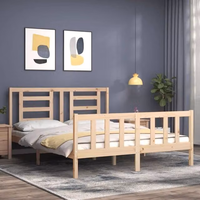 Berkfield Home Beautiful Solid Wood Bed Frame with Headboard in Natural Pine, W/D/H: 160 x 200 x 165.5 cm – 1