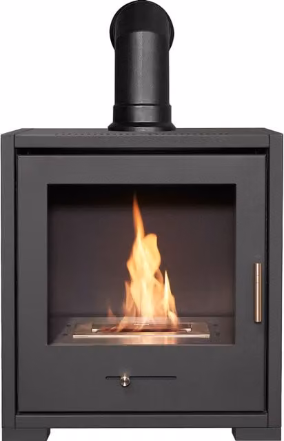 OKO S3 Bio Ethanol Stove in Charcoal Grey with Angled Stove Pipe