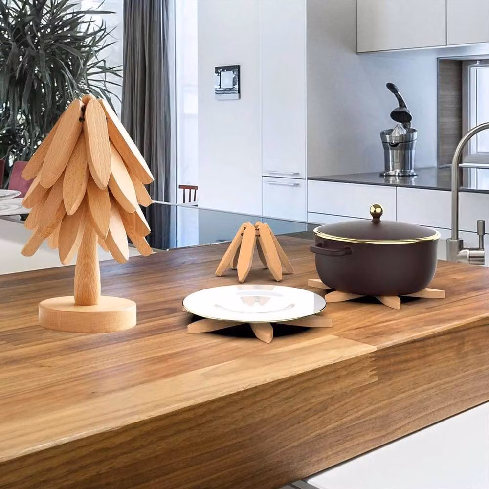 KORVIXA Wooden Trivet Trees Set of 4 Brown Round Trivets with Stand – 4